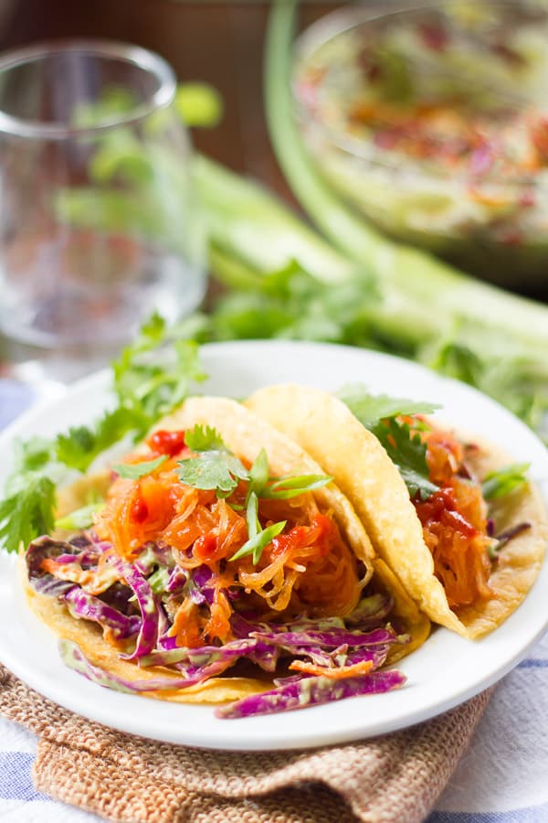 Pulled Spaghetti Squash Tacos with Avocado Slaw