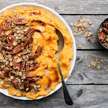 Browned Butter Mashed Sweet Potatoes with Oat-Pecan Granola