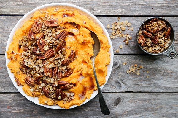 Browned Butter Mashed Sweet Potatoes with Oat-Pecan Granola