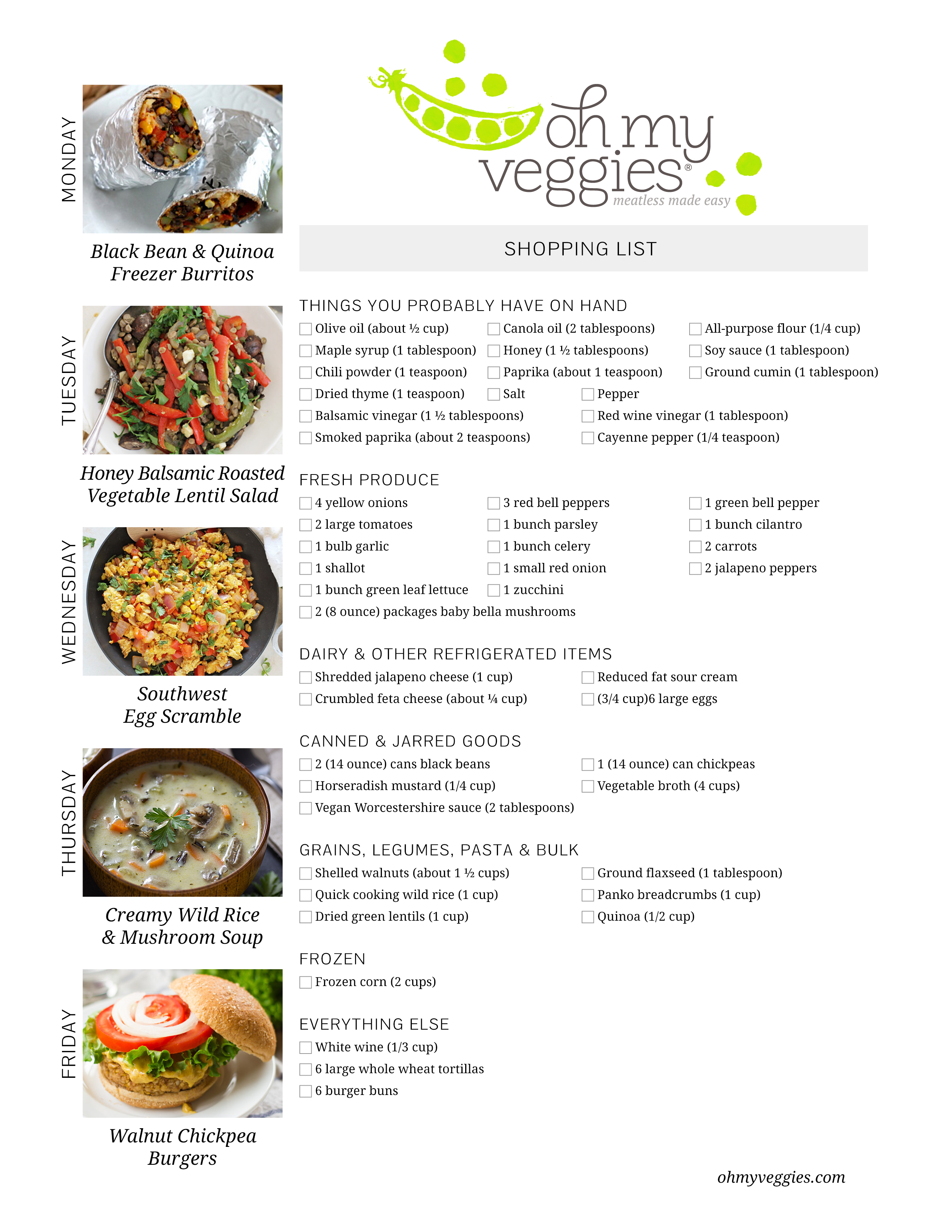 camping vegetarian meal planning sheet