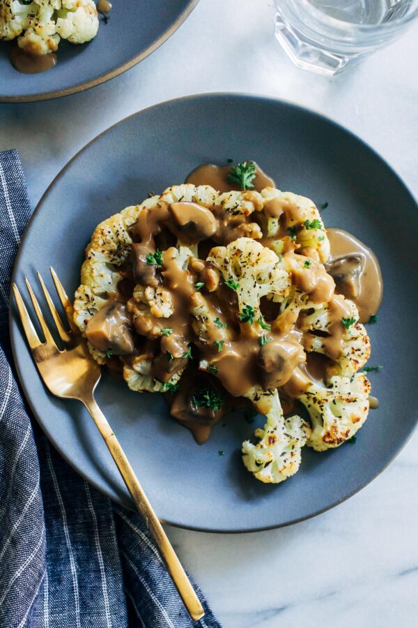 Cauliflower Steaks with Mushroom Gravy By OhMyVeggies.com