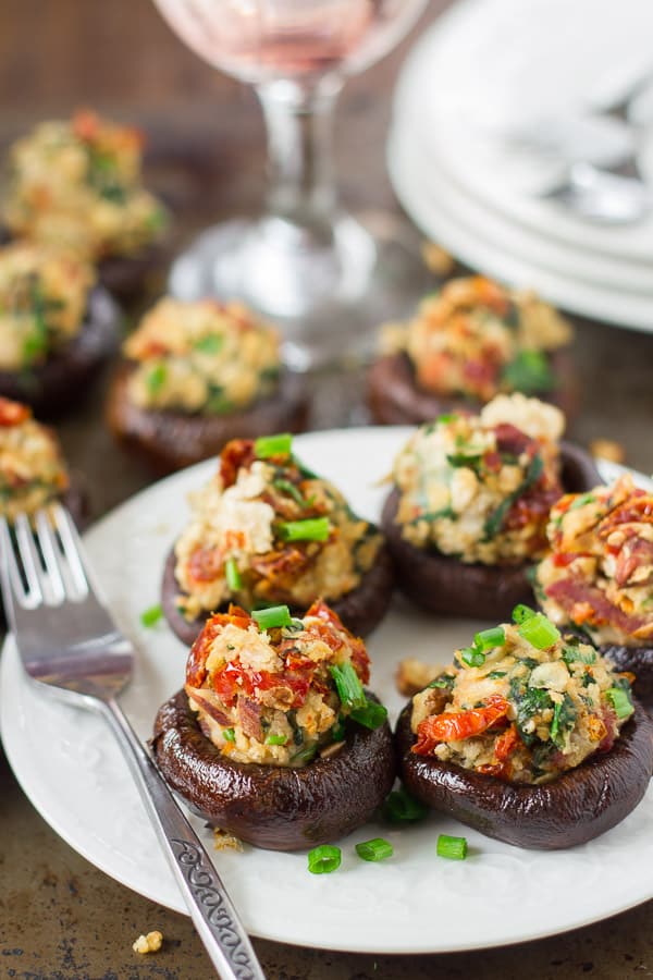 Spinach, Sun-Dried Tomato & Smoky Almond Stuffed Mushrooms