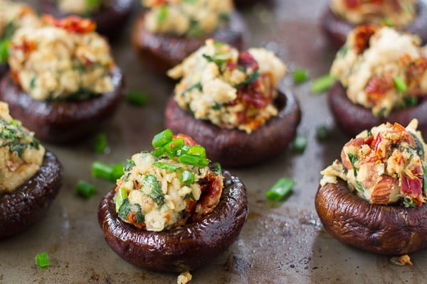 Spinach, Sun-Dried Tomato & Smoky Almond Stuffed Mushrooms