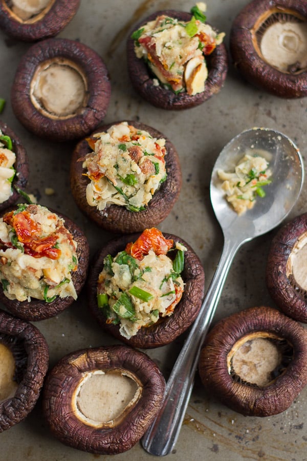 Spinach, Sun-Dried Tomato & Smoky Almond Stuffed Mushrooms