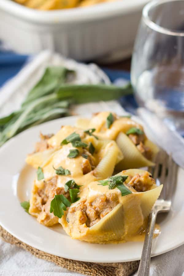 butternut squash stuffed shells being served on a white plate
