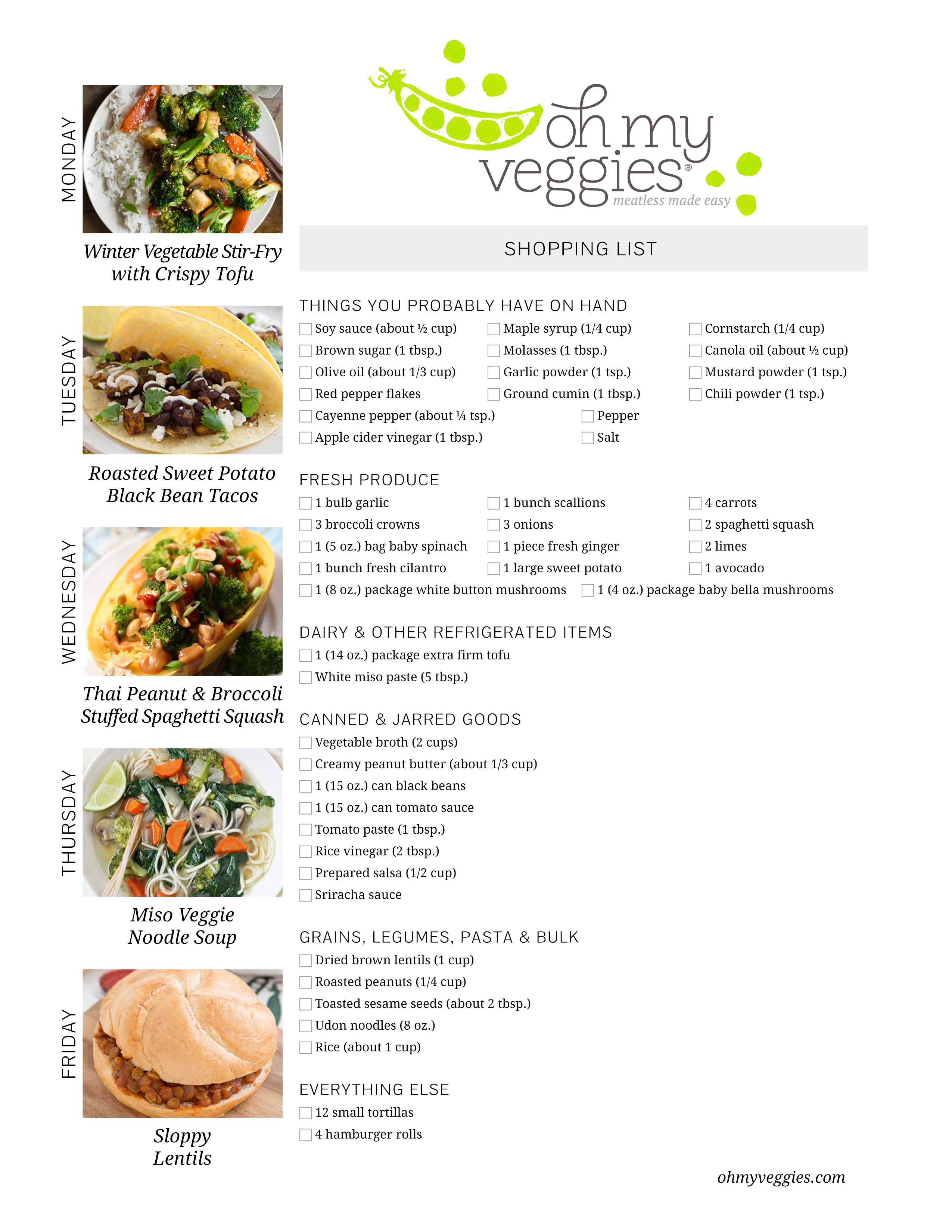 camping vegetarian meal planning sheet