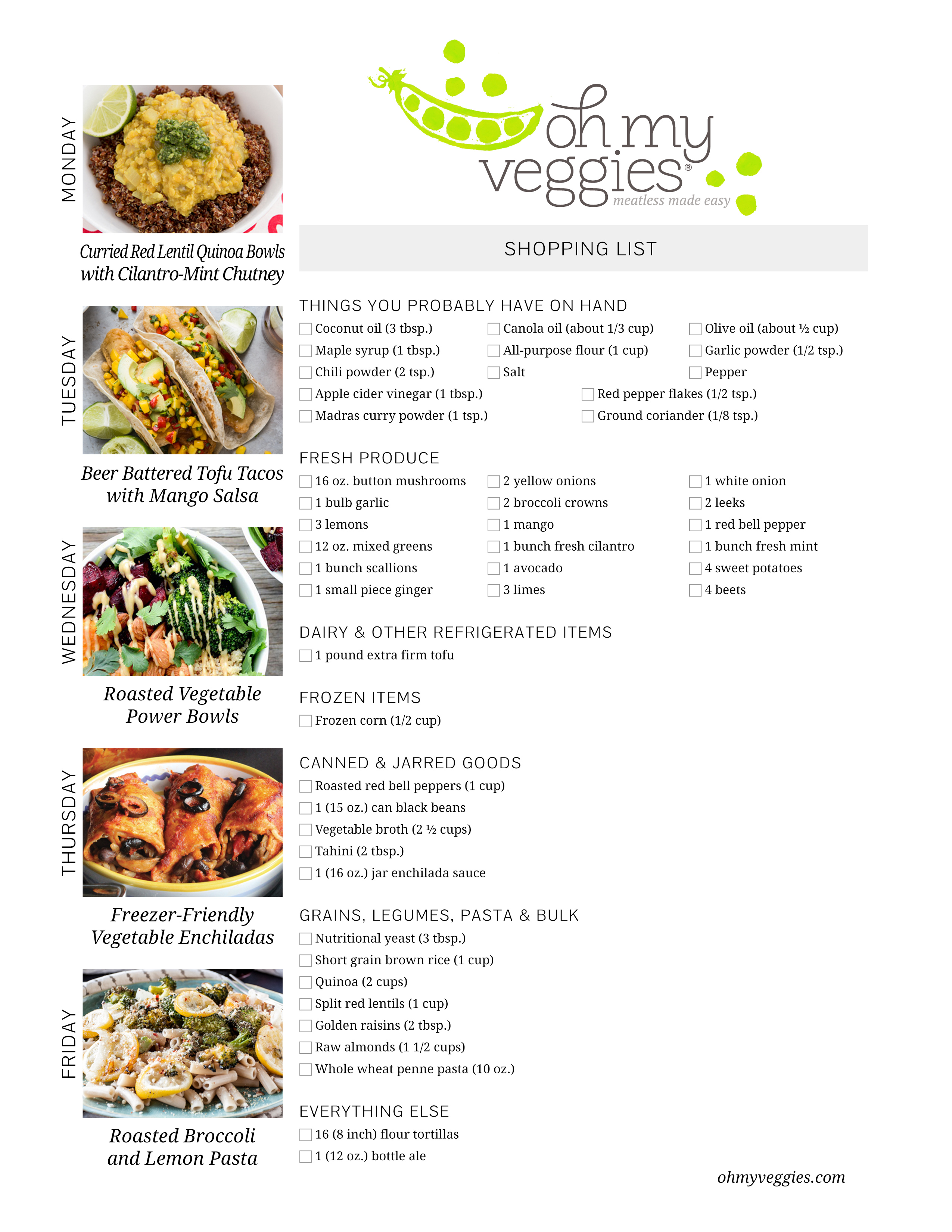 camping vegetarian meal planning sheet