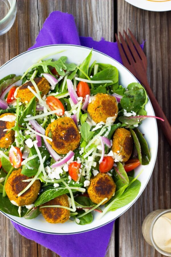 Roasted Carrot Falafel Salad with Citrus Tahini Dressing