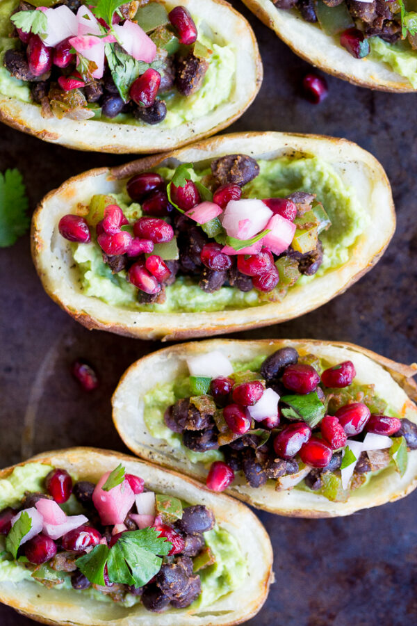 These delicious vegan potato skins are packed with Tex Mex flavor and are perfect for a party snack or appetizer!