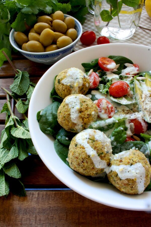 Crispy Baked Falafel with Hazelnuts and Creamy Lemon-Mint Sauce