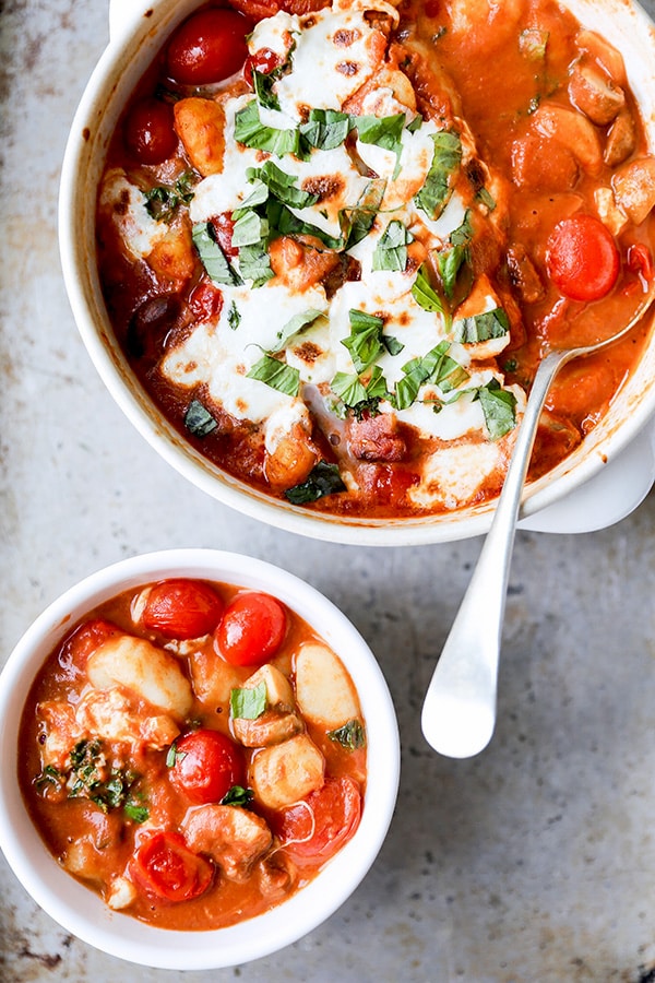 Baked Gnocchi with Tomatoes, Mushrooms & Kale By OhMyVeggies.com