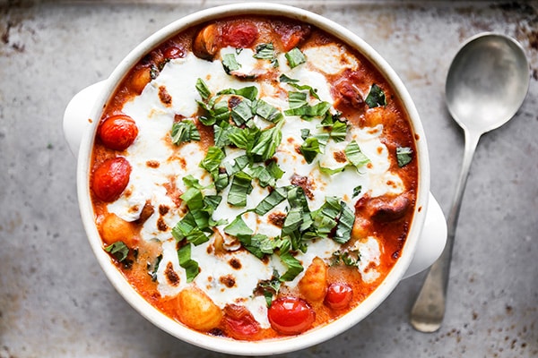 Baked Gnocchi with Tomatoes, Mushrooms and Kale