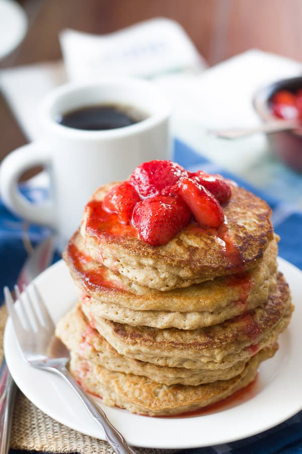Make & Freeze Quinoa Pancakes with Strawberry Compote