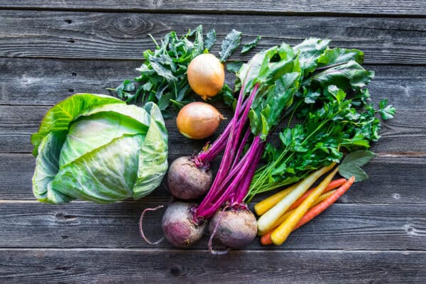 Fresh organic produce. Cabbage, Beets, Carrots, Onions, Kale and Parsley