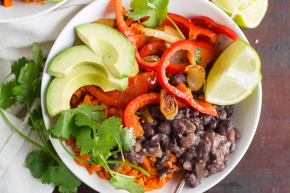 Lightened-Up Black Bean Burrito Bowls with Carrot Rice