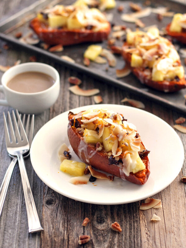 Vegan Twice Baked Potatoes with Pineapple and Coconut