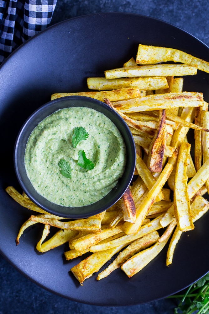 Curried Parsnip Fries with Cilantro Hummus Dip