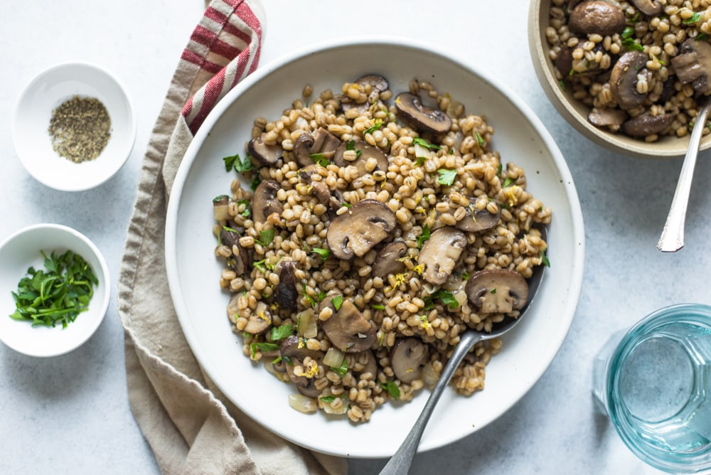 Mushroom Barley Pilaf on a white serving plate