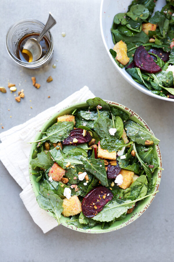 Beet and Mixed Green Salad with Polenta Croutons and Goat Cheese