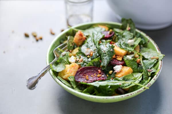 Beet and Mixed Green Salad with Polenta Croutons and Goat Cheese