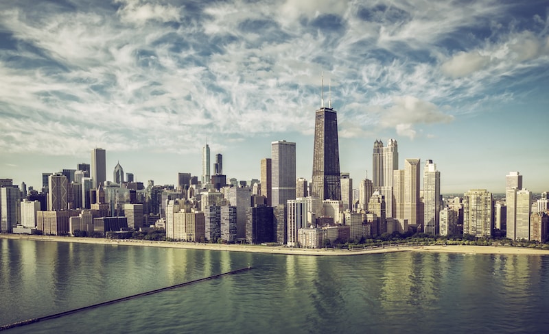 Chicago Skyline aerial view skyscrapers by the beach , vintage colors