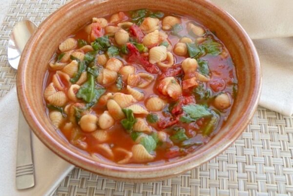 tomato chickpea soup with tiny pasta and fresh herbs