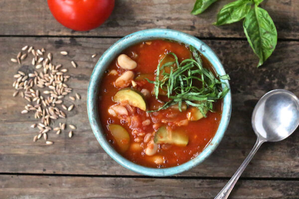 tomato soup with zucchini farro and white beans