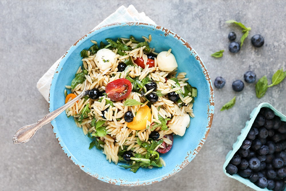 Caprese Orzo Pasta Salad with Blueberries