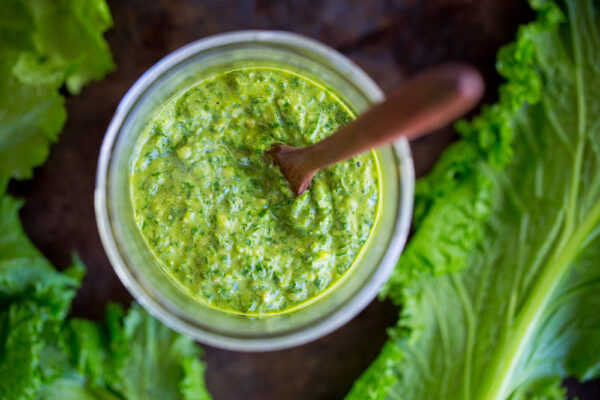 Mustard Green Pesto Pasta with Chickpeas & Crispy Panko 1