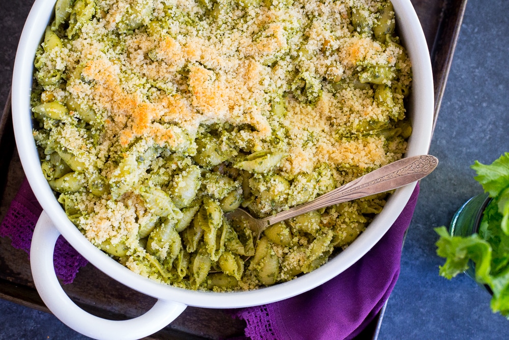 Mustard Green Pesto Pasta with Chickpeas & Crispy Panko Breadcrumbs