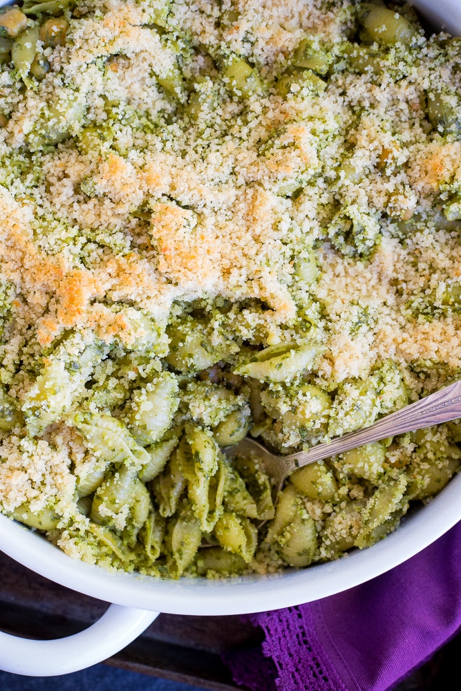 Mustard Green Pesto Pasta with Chickpeas & Crispy Panko Breadcrumbs