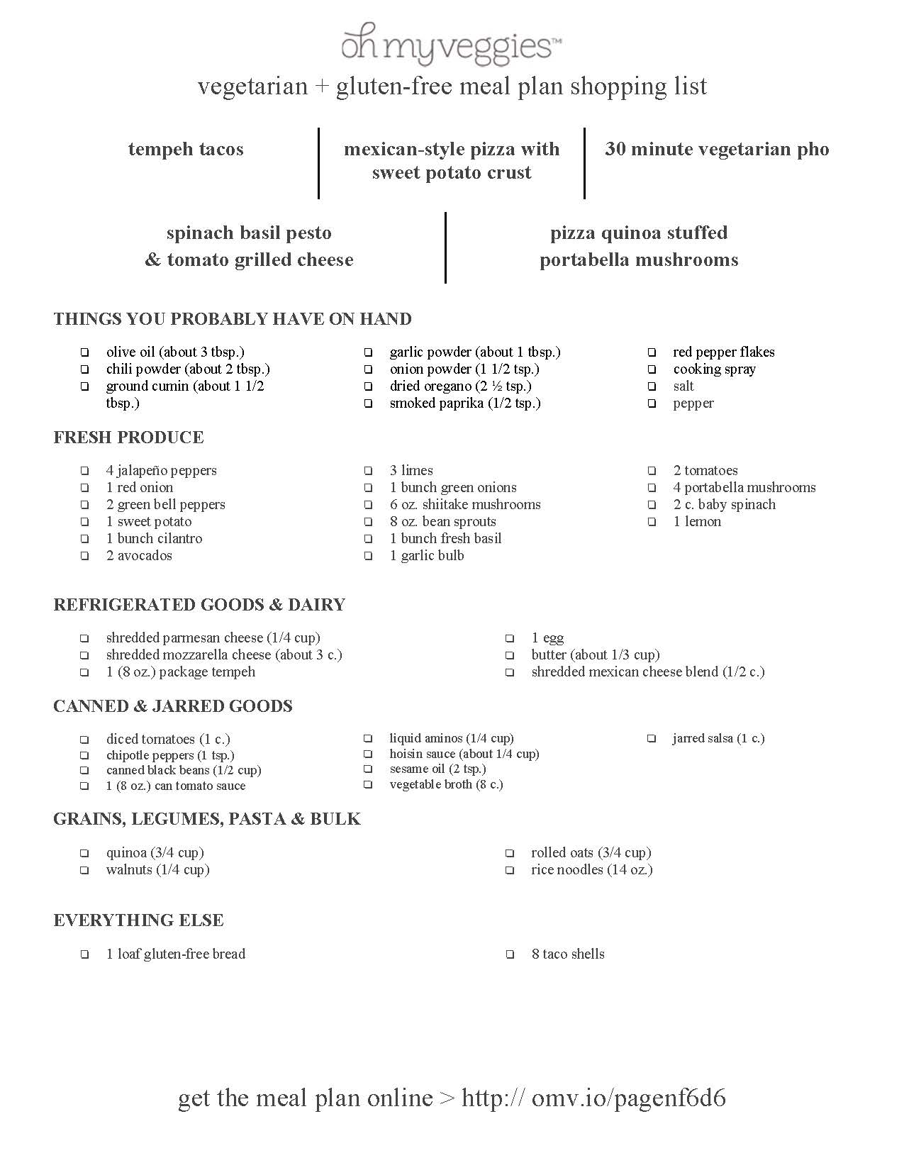 Vegetarian & Gluten-Free Meal Plan