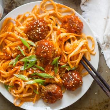 Spicy Korean Noodles & Tofu Meatballs
