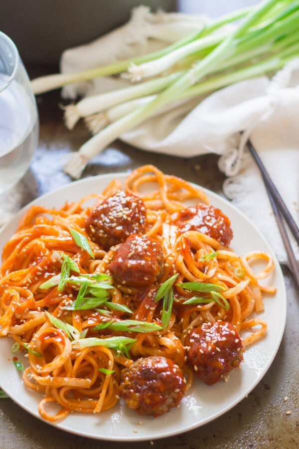 Spicy Korean noodles and tofu meatballs By