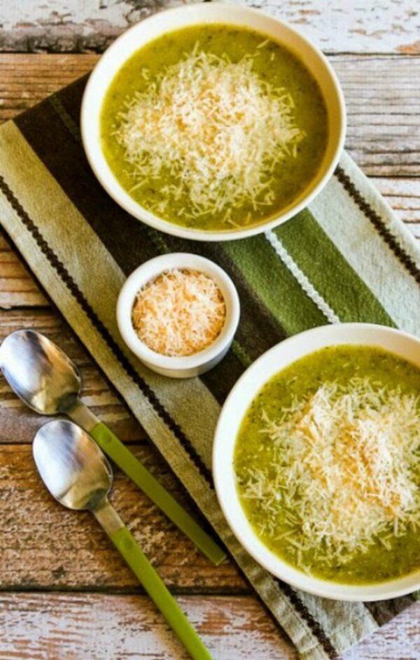 zucchini and yellow squash soup with vegan parmesan