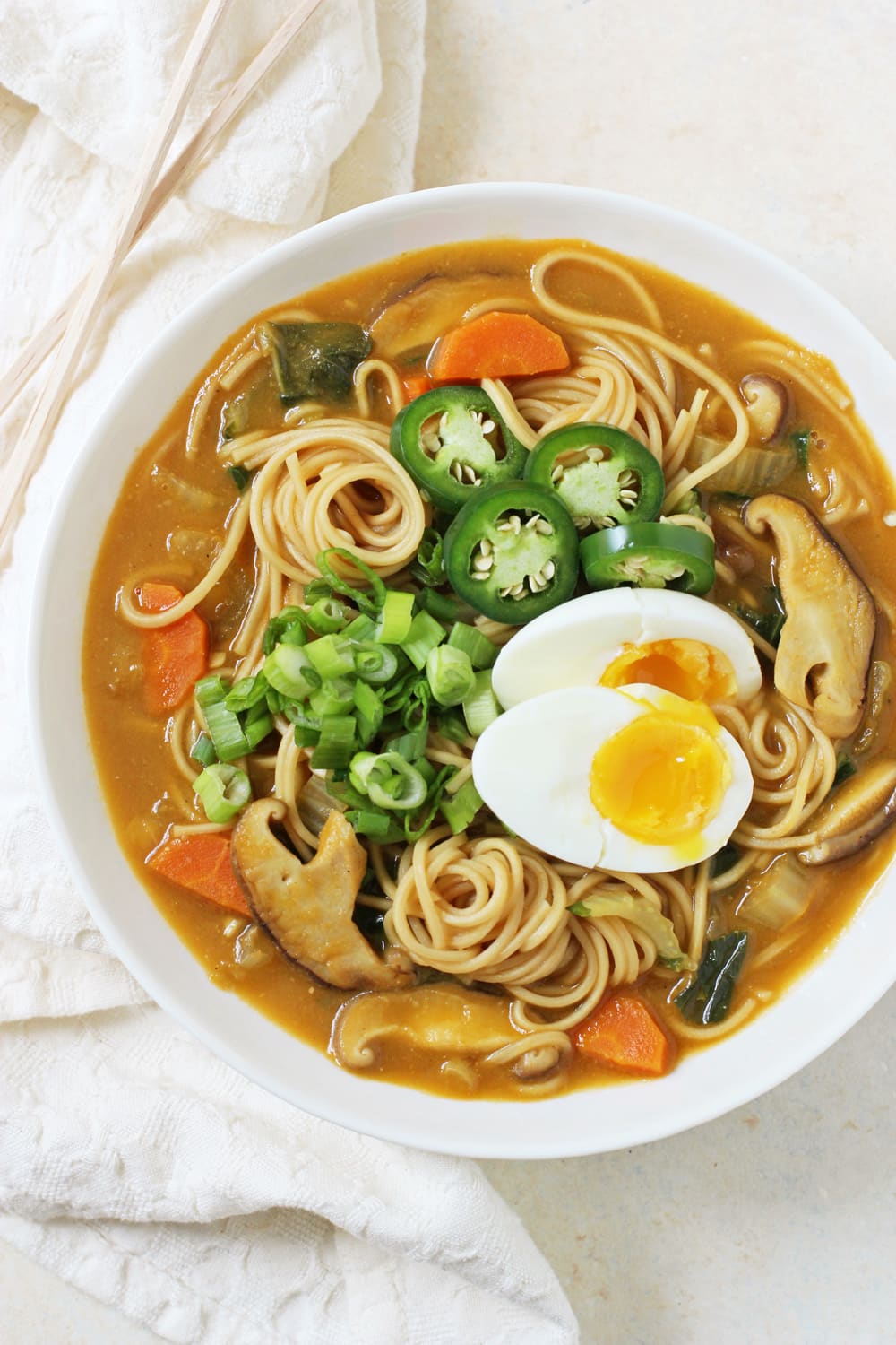 Noodles and Ramen Veggies in a white serving bowl 