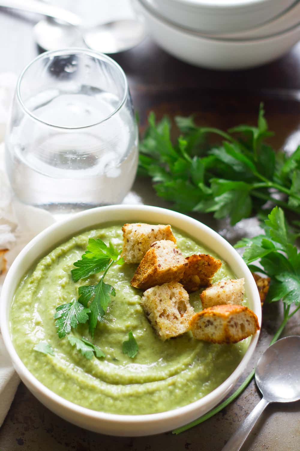 Herbed Fresh Pea Soup with Garlic Croutons