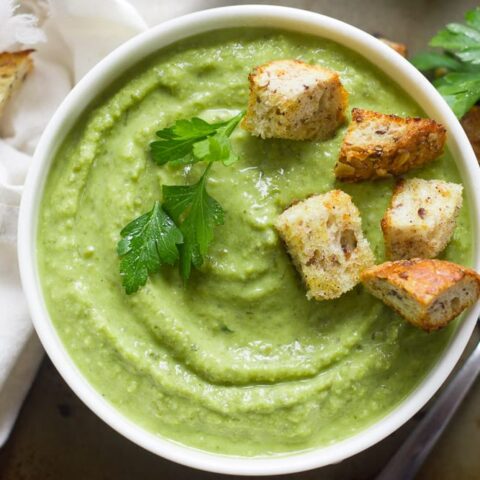 Herbed Fresh Pea Soup with Garlic Croutons