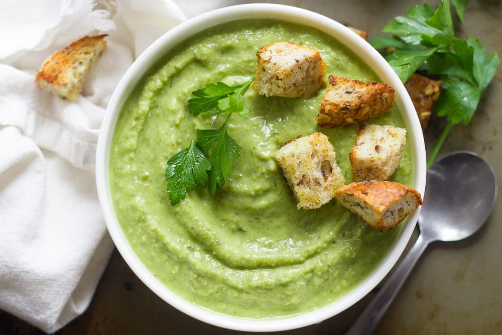 Herbed Fresh Pea Soup with Garlic Croutons