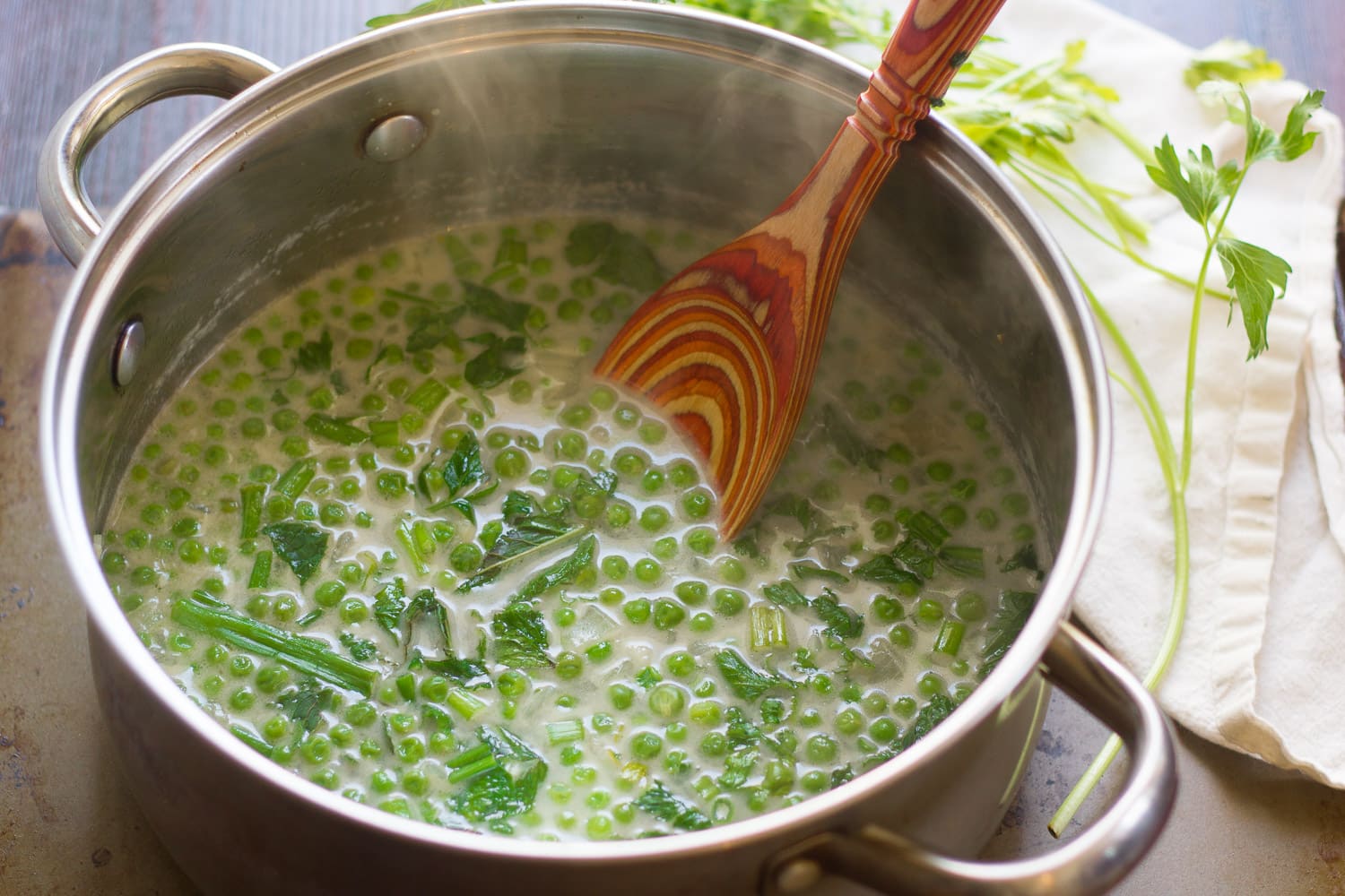 pea soup being prepared in a stock pot on my stove