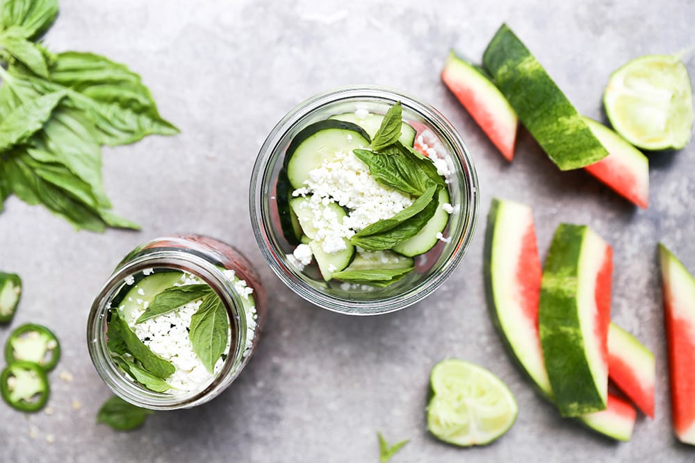 25 Vegetarian Mason Jar Meals to Help You Win at Lunch: Watermelon, Cucumber, and Feta Mason Jar Salads