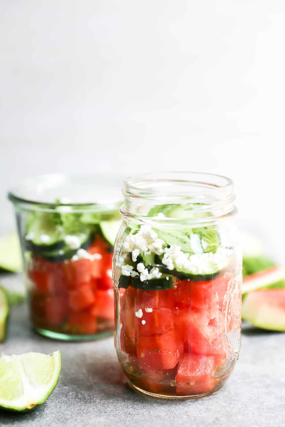 Watermelon, Cucumber and Feta Mason Jar Salads