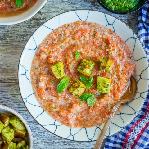 Image for Cherry Tomato Gazpacho with Mint Pesto Croutons