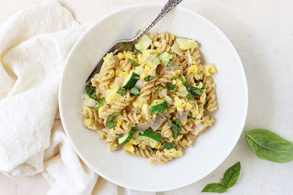 Creamy Corn Pasta with Zucchini and Basil