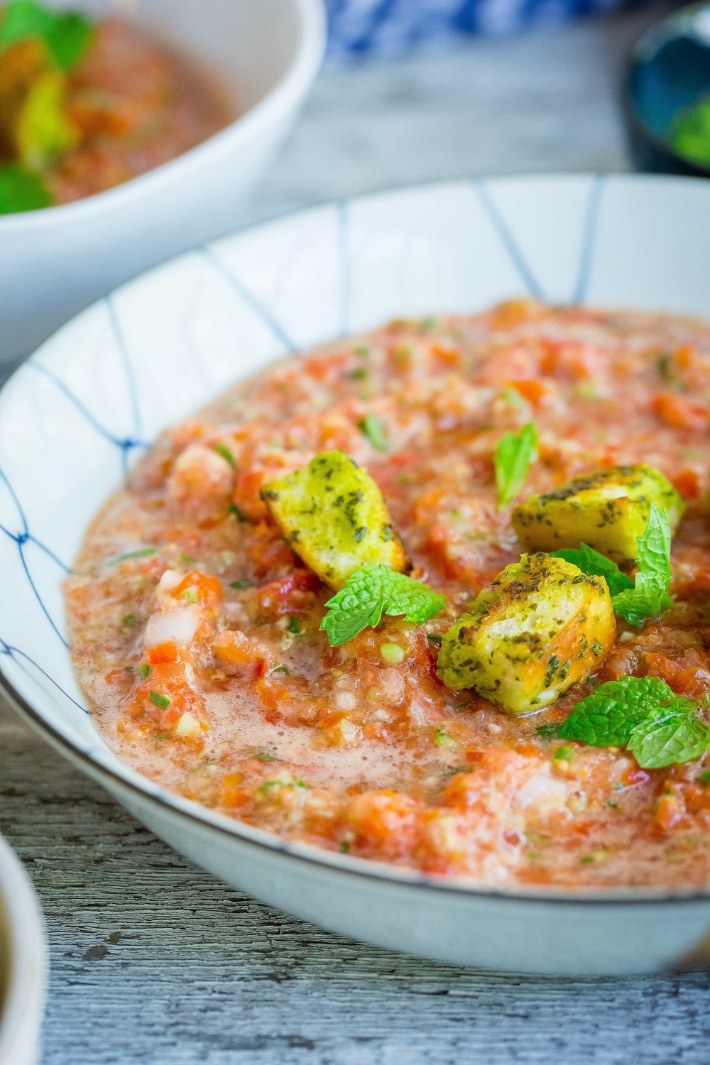 Cherry Tomato Gazpacho with Mint Pesto Croutons