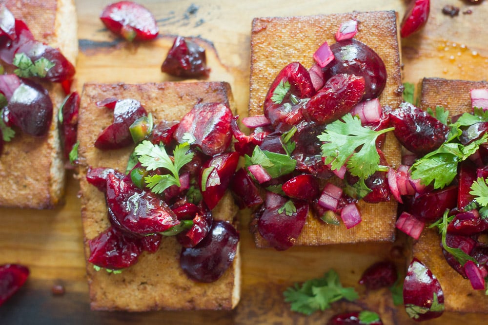 Cedar Plank Grilled Tofu with Cherry Salsa