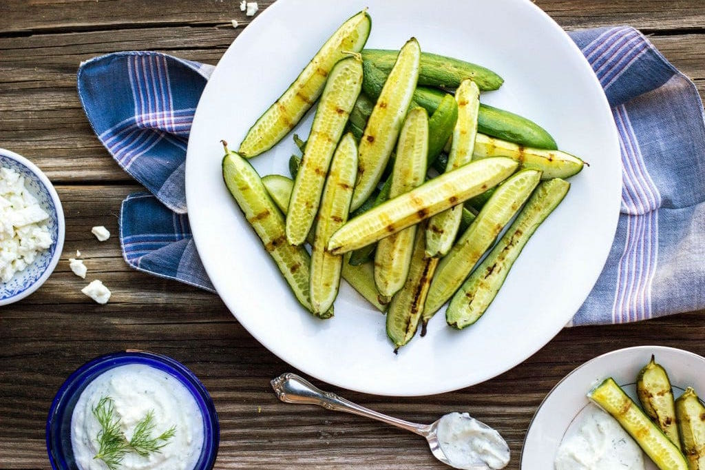 15 of the Best Vegetarian Grilling Recipes: Grilled Cucumbers with Creamy Pickled Feta Dip