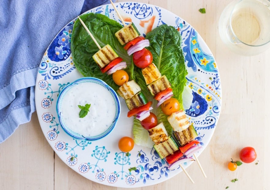15 of the Best Vegetarian Grilling Recipes: Grilled Halloumi Kebabs with Mint Yogurt Sauce