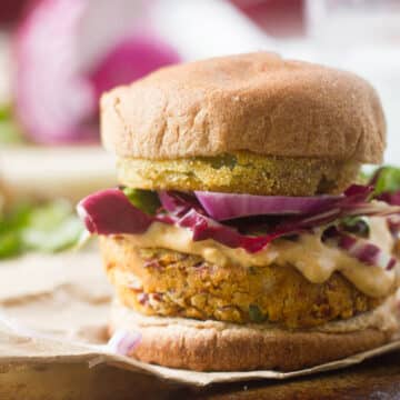 Cajun Red Bean Burgers with Fried Green Tomatoes