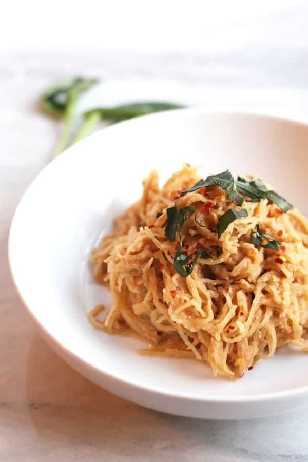 32 Creative Spaghetti Squash Recipes: Spaghetti Squash with Vegan Tomato Basil Cream Sauce